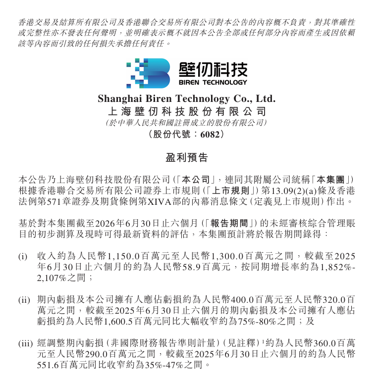 壁仞科技预告2026上半年营收暴涨超18倍，经调整亏损收窄35%-47%主题相关图片